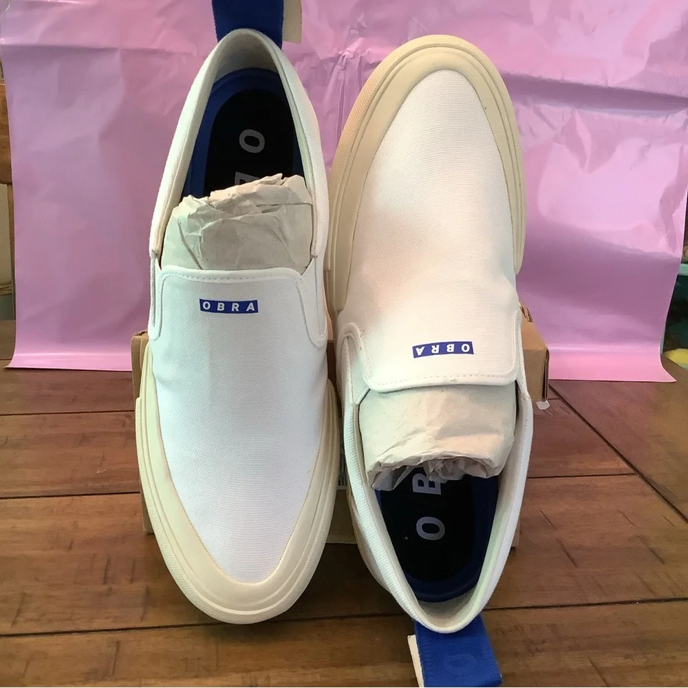 NIB OBRA Unisex Off-White Canvas Slip-On Shoes Made in Brazil Men’s 8-Wms 9.5